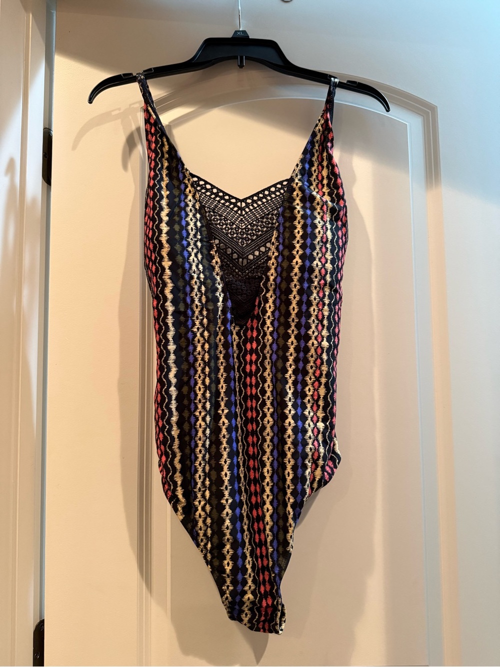 Time and Tru Black Multicolor Crochet-Front One-Piece Swimsuit